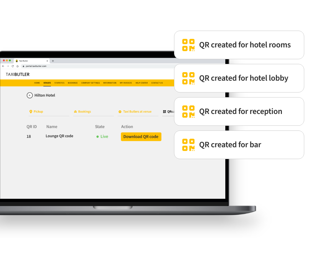 Taxi Butler QR Management Portal controlling and managing QR codes