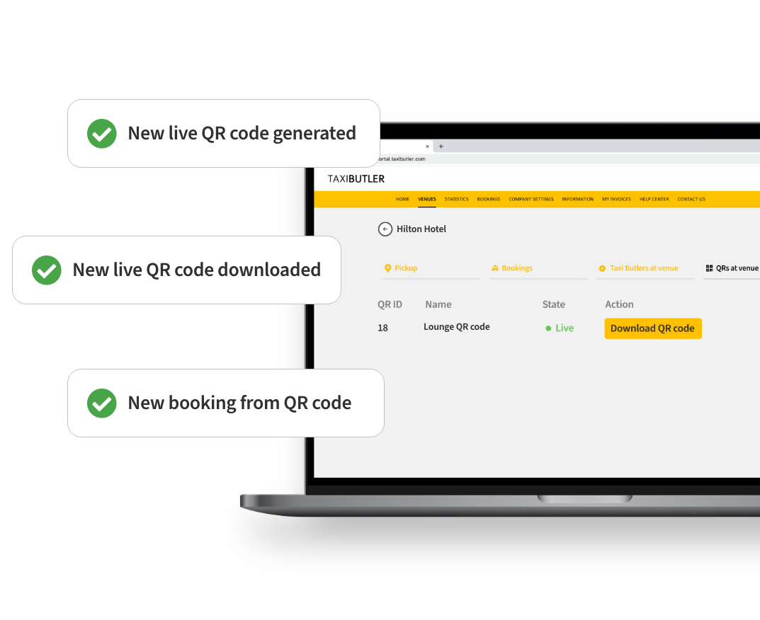 Taxi Butler QR Management Portal creating QR codes