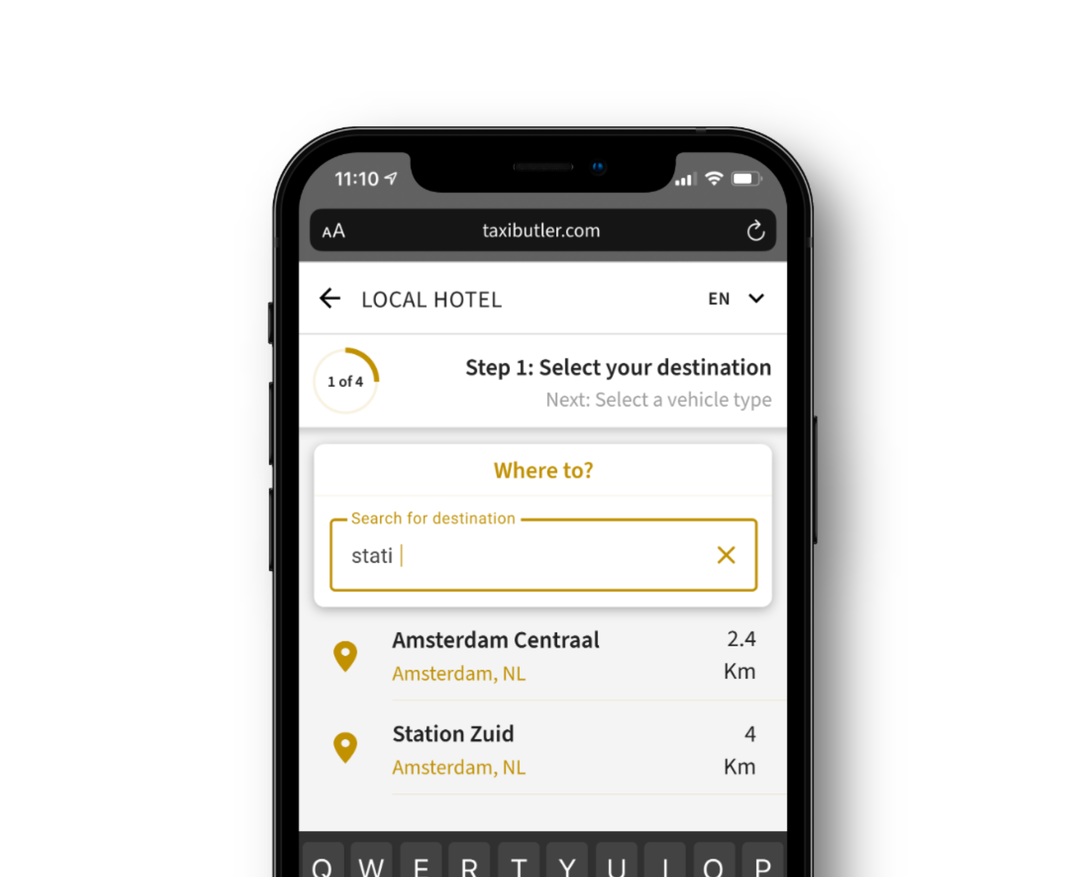 Taxi Butler QR booking interface entering a destination