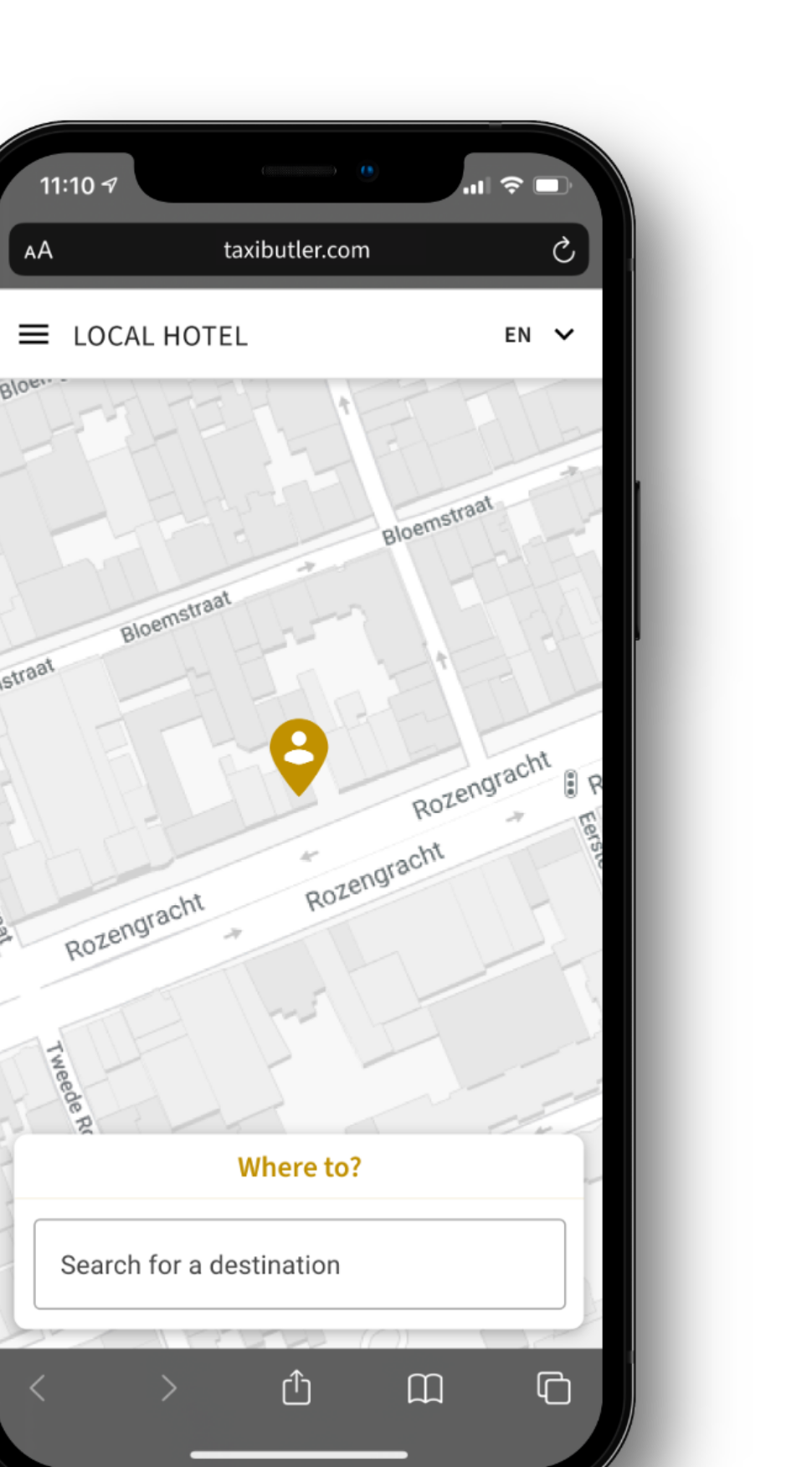 Taxi Butler QR booking interface with preset pickup address
